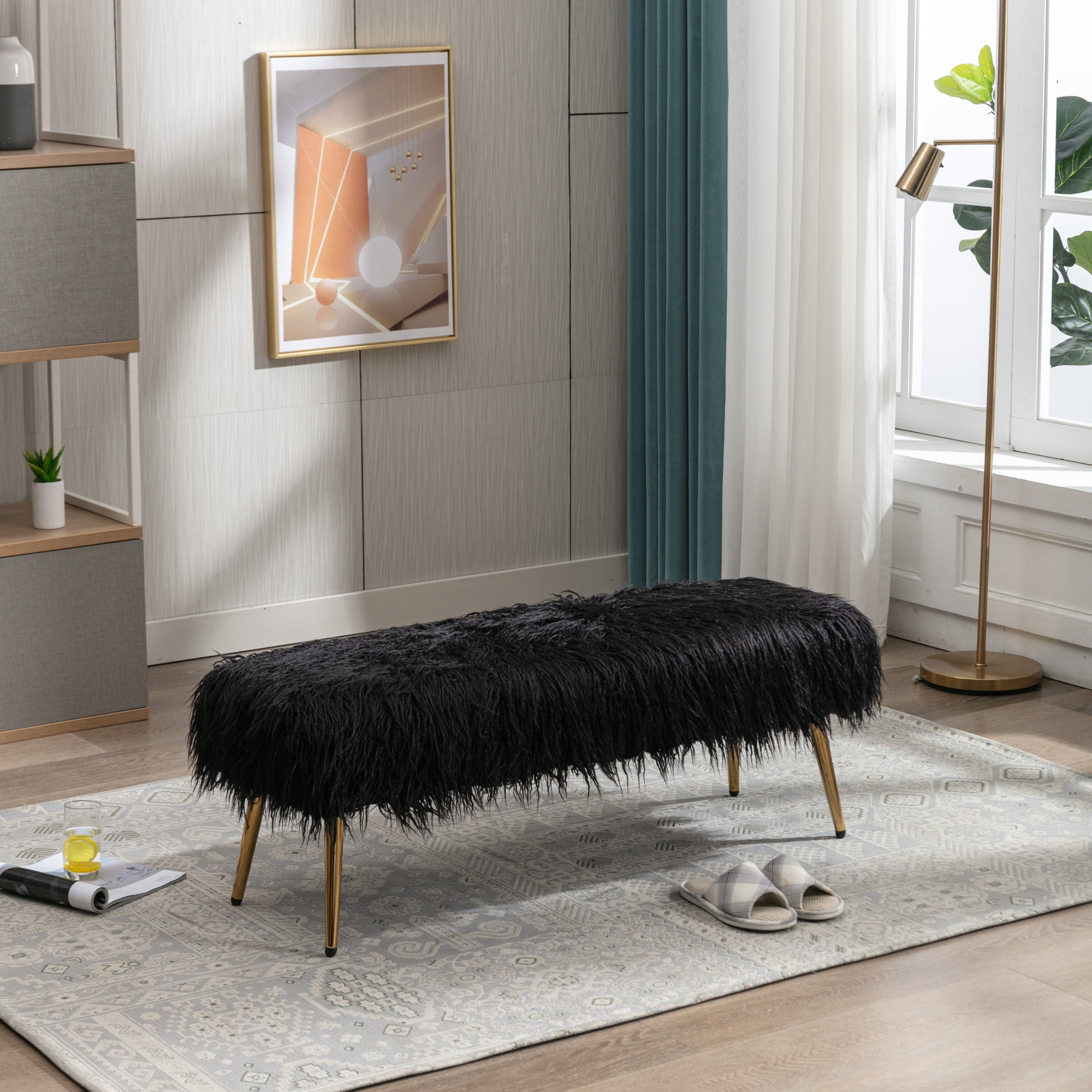 Seizeen Black Faux Fur Plush Bench, Modern Fluffy Upholstered Bench with Gold Metal Legs, End of Bed Long Ottoman Bench, for Entryway, Bedroom, Living Room, L0462