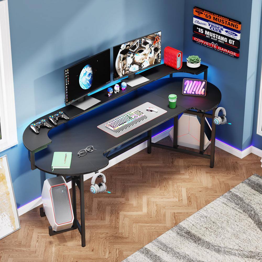 TRIBESIGNS WAY TO ORIGIN Halseey 75 in. Black Wood and Metal Computer Desk Writing Gaming Desk with Led Strip Monitor Stand HD-XK00231-HYF