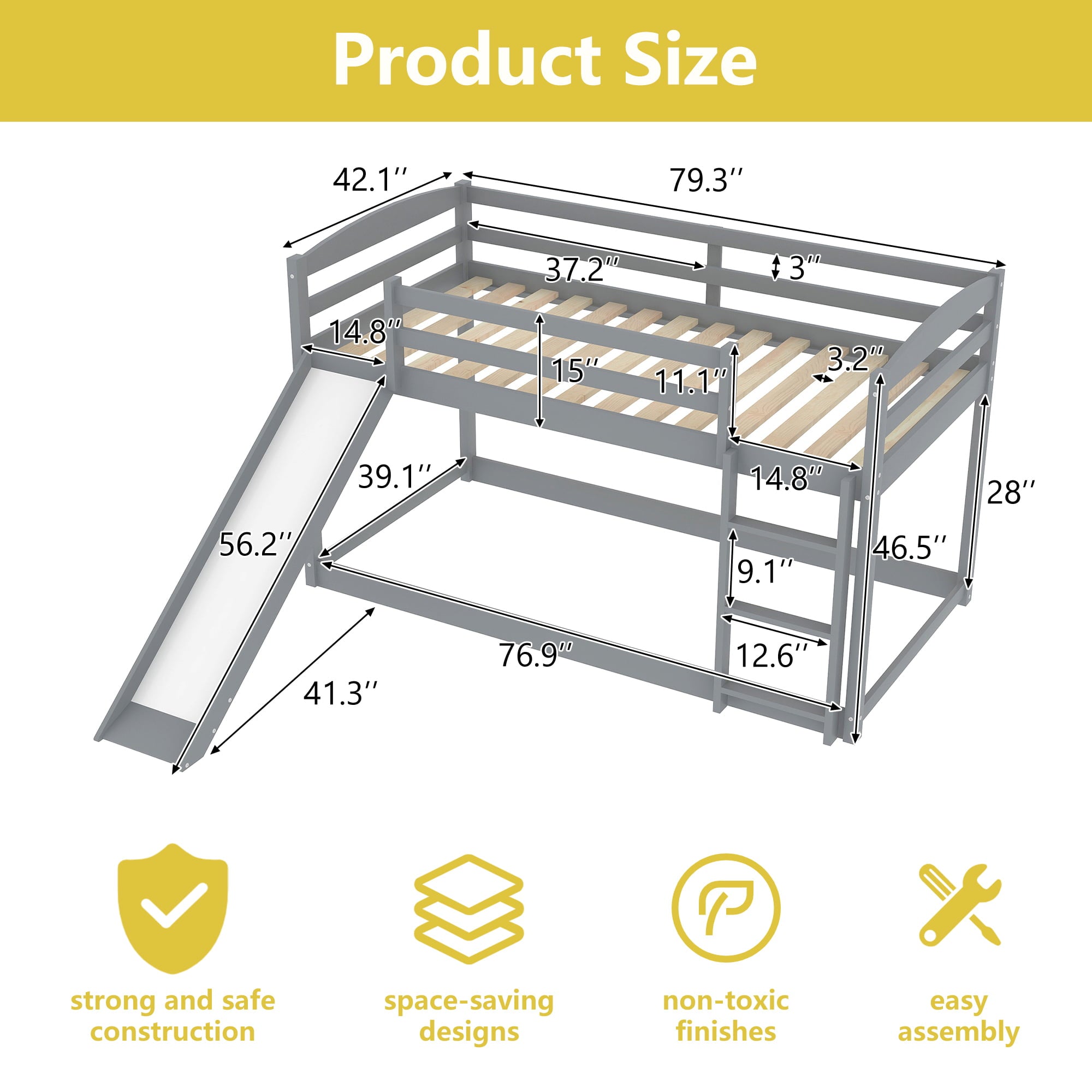 Floor Bunk Bed with Convertible Slide and Ladder, SESSLIFE Wood Bunk Beds with Guardrail for Boys Girls Toddlers, Gray Twin Over Twin Bunk Bed, Kids Floor Bunk Bed for Home Children’s Room, TE838