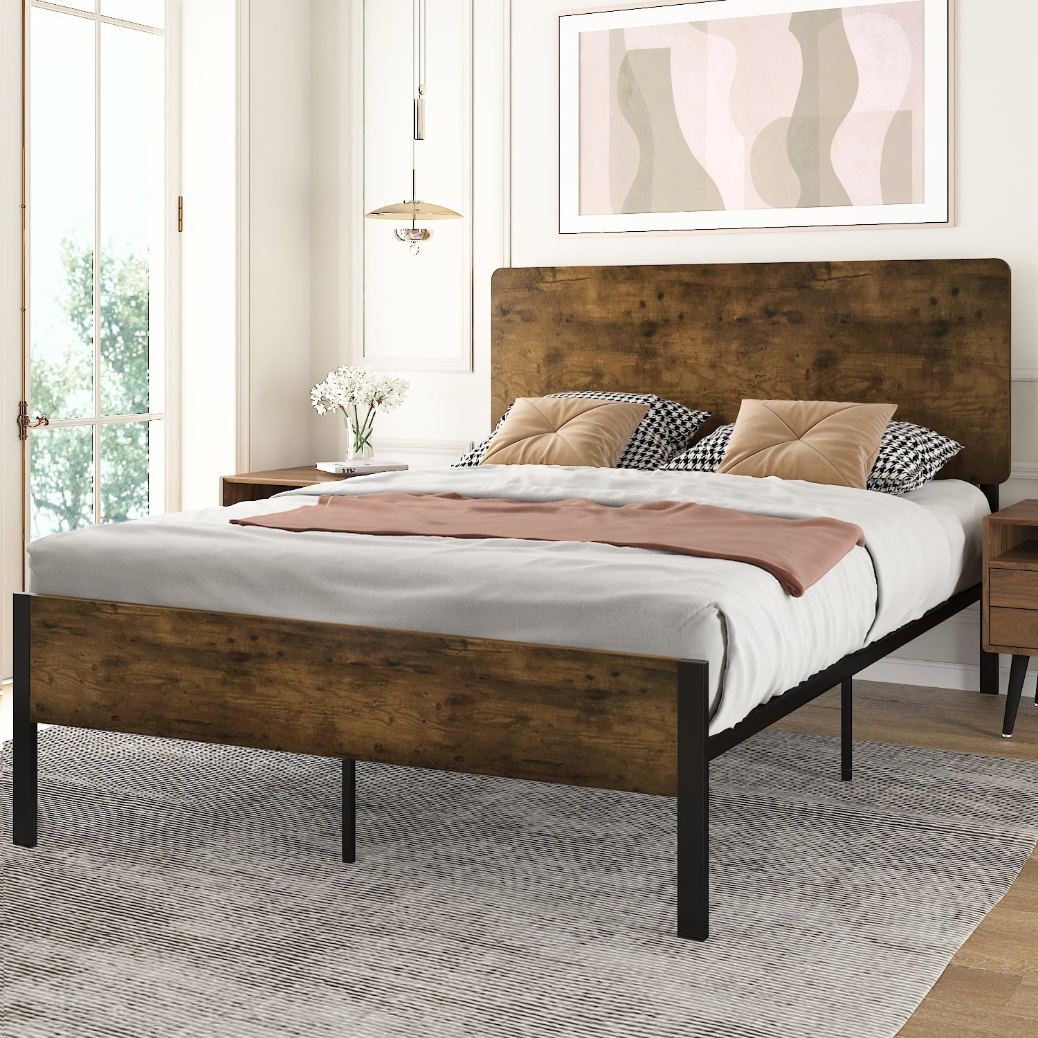 Amolife Queen Size Metal Platform Bed Frame with Industrial Wood Headboard and Metal Slats