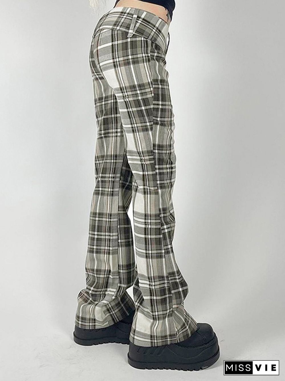 Plaid Belted Low Waist Flare Leg Pants