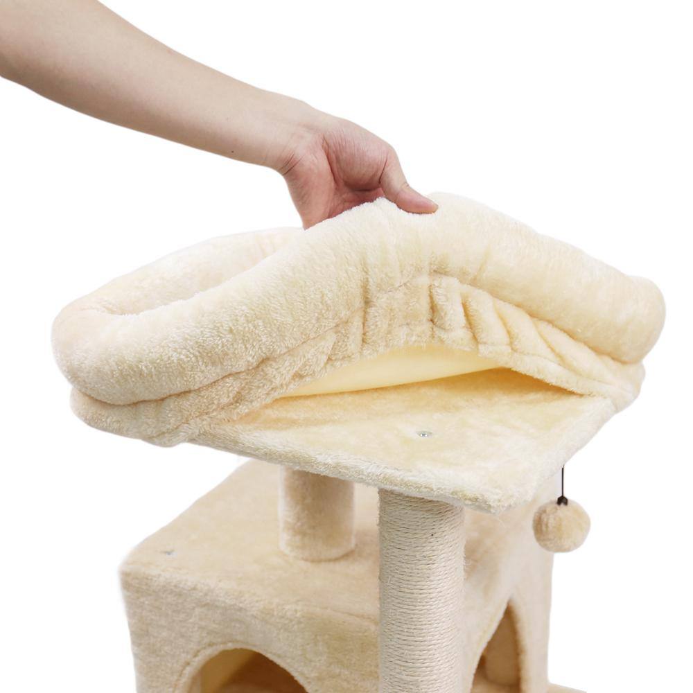 Foobrues Beige Cat Tree Sisal Scratching Post Plush Condo Playhouse with Dangling Toys L-W79632459