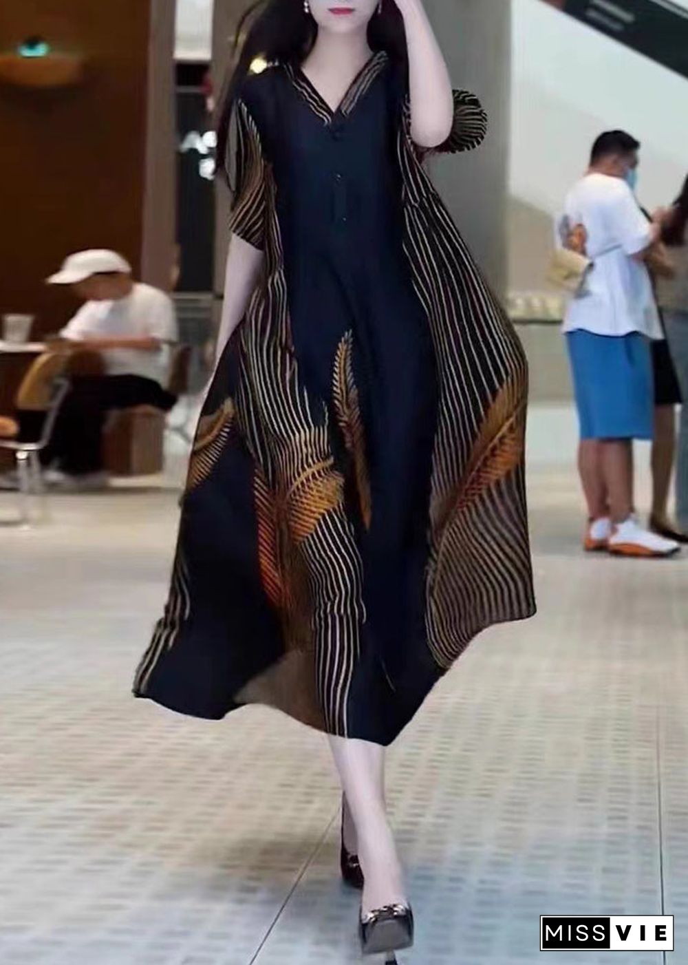 Fashion Black V Neck Print Patchwork Silk Long Dresses Summer