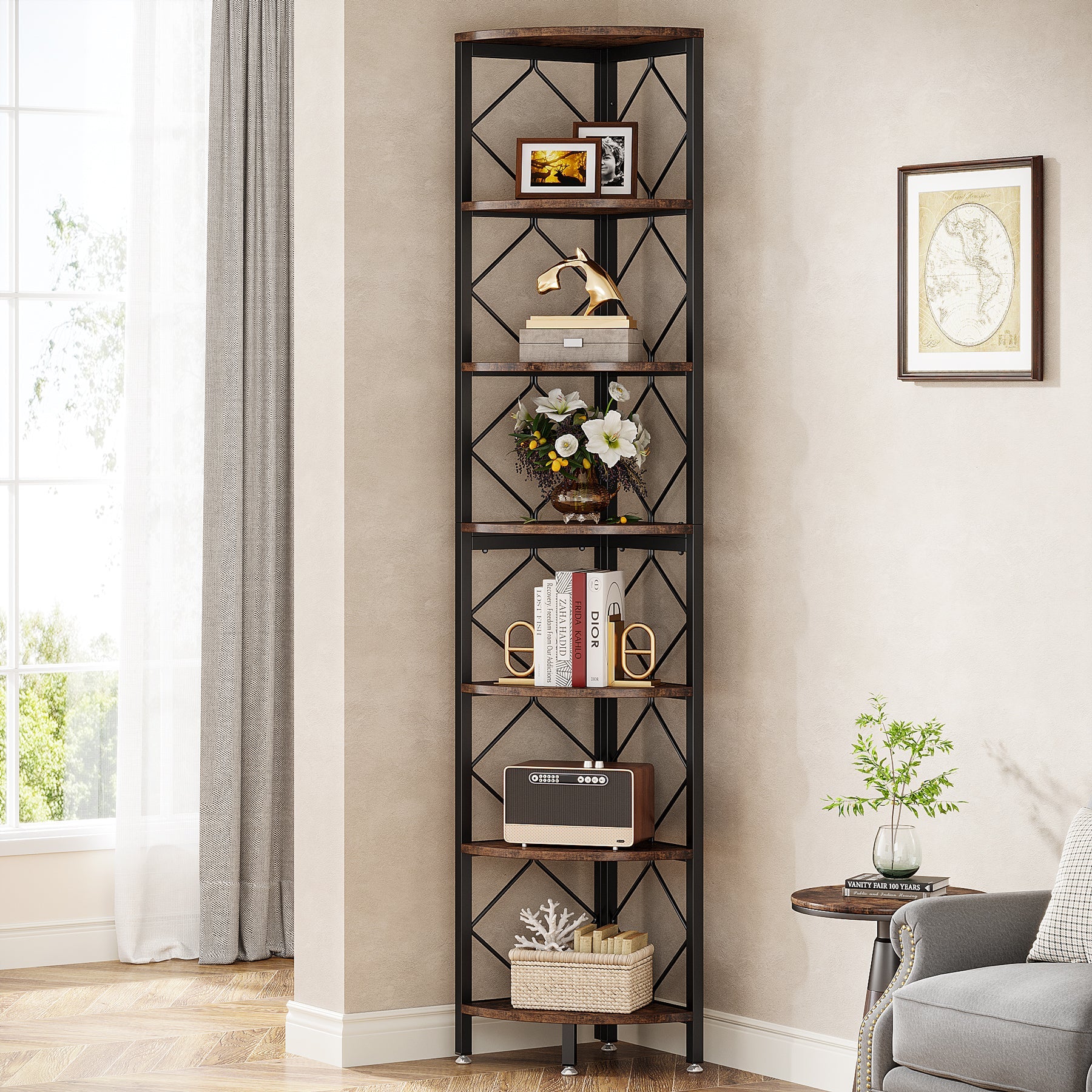 7-Tier Corner Shelf, 78.7 Corner Bookcase Slim Corner Storage Rack