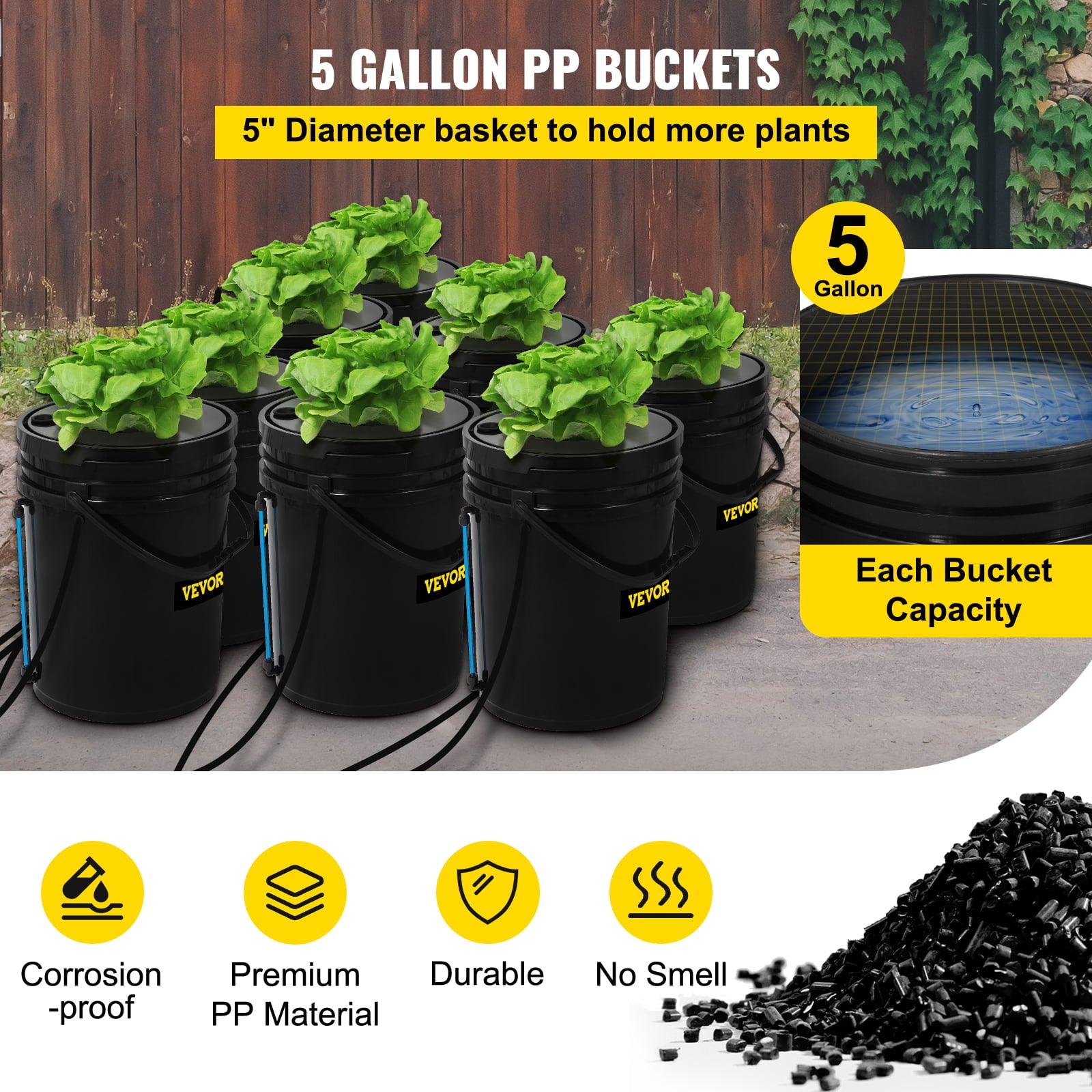 VEVOR DWC Hydroponic Bucket System， 5 Gallon 8 Buckets， Deep Water Culture Growing Bucket， Hydroponics Grow Kit with Pump， Air Stone and Water Level Device