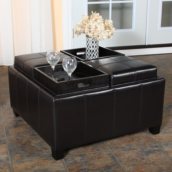 Harley Leather Espresso Tray Top Storage Ottoman