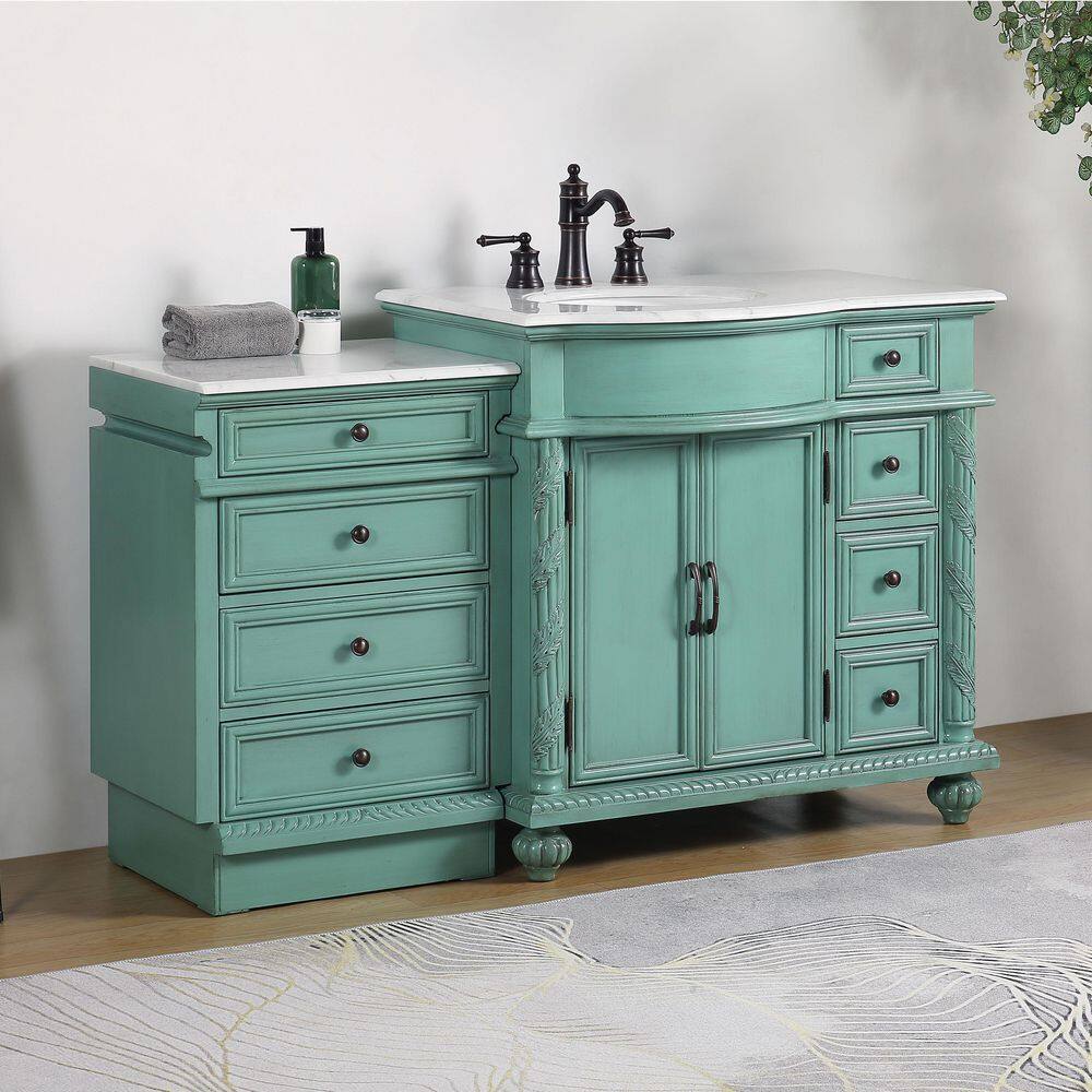 Silkroad Exclusive 55.5 in. W x 22 in. D x 36 in. H Freestanding Bath Vanity in Vintage Green with Carrara White Marble Top V0213NW56L