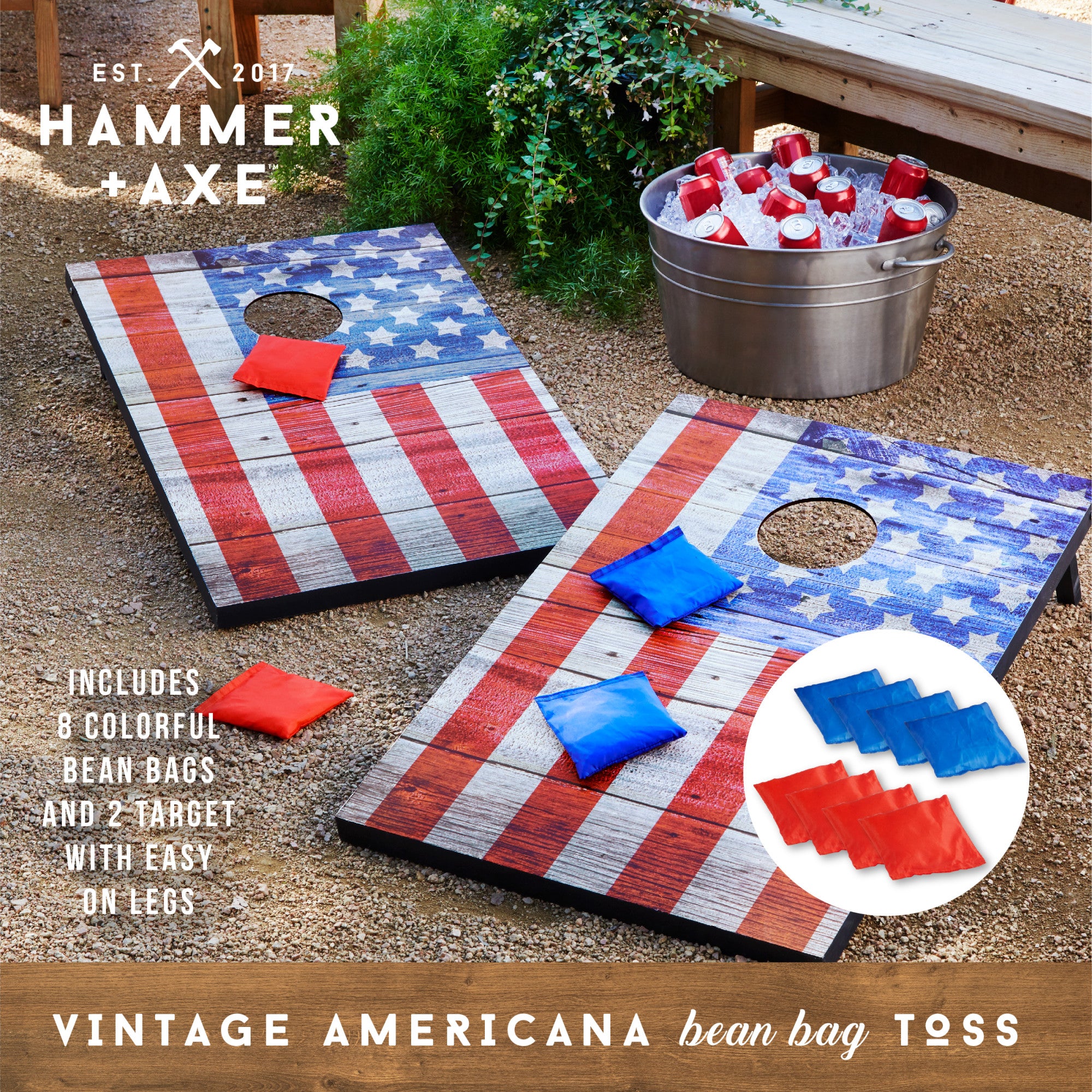 Hammer + Axe Wooden Bean Bag Cornhole Game, USA Edition, Includes 8 Bean Bags, two 3'x2' Boards