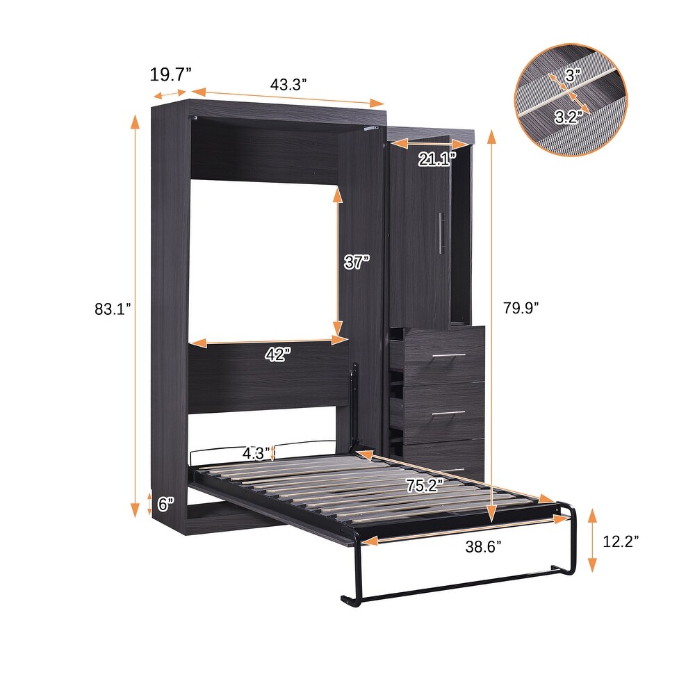 Murphy Bed with Wardrobe and 3 Storage Drawers  Pine Wood Multifunctional Storage Wall Bed  Can be Folded into A Cabinet