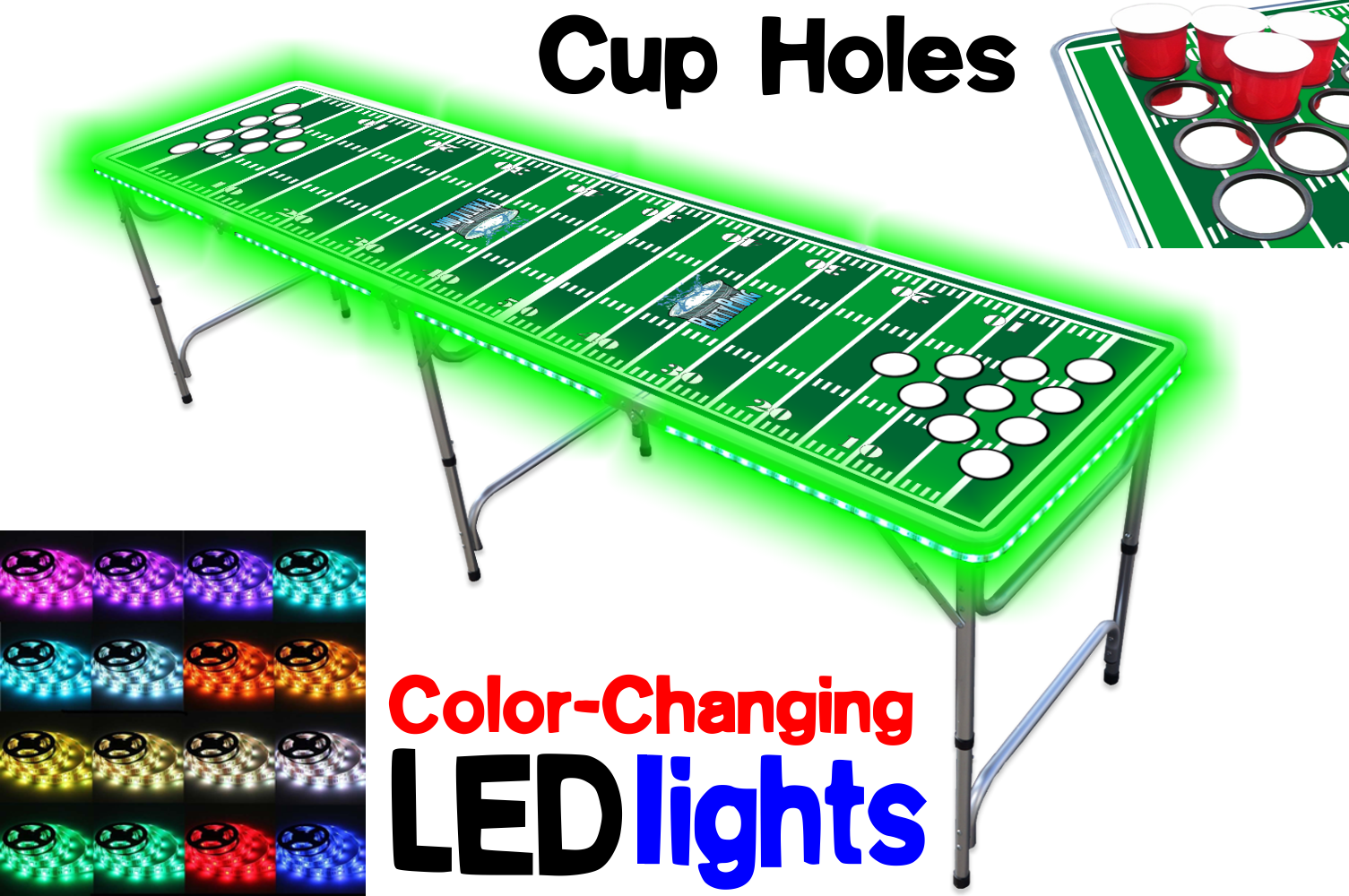 8-Foot Professional Beer Pong Table w/ Cup Holes & LED Glow Lights - Football Field Edition