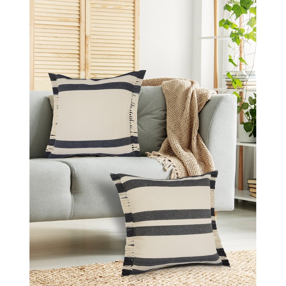 LR Home Gray Double Striped Throw Pillow with Fringe