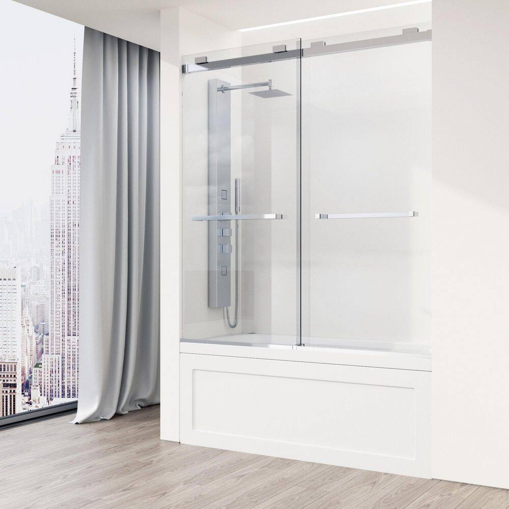 VIGO Houston 56 to 60 in. W x 66 in. H VMotion Sliding Frameless Tub Door in Chrome with 38 in. (10mm) Clear Glass VG6023CHCL6066