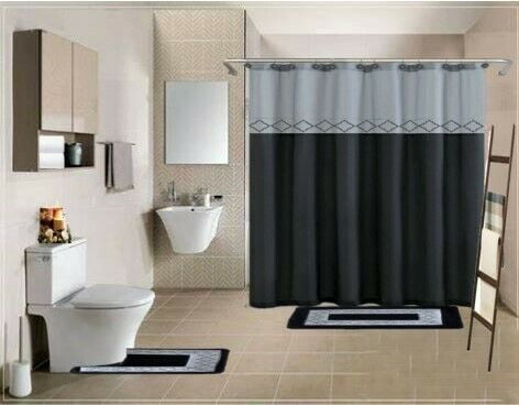 Complete bathroom set 19-Piece 2-rugs/mats non slip， 1 fabric shower curtain， 12 rings， 4pc matching ceramic accesories different styles and colors Kadir black