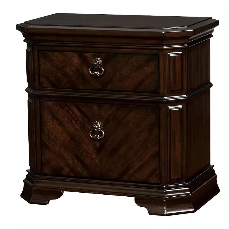 Two Drawer Solid Wood Nightstand with Clipped Corner， Espresso Brown