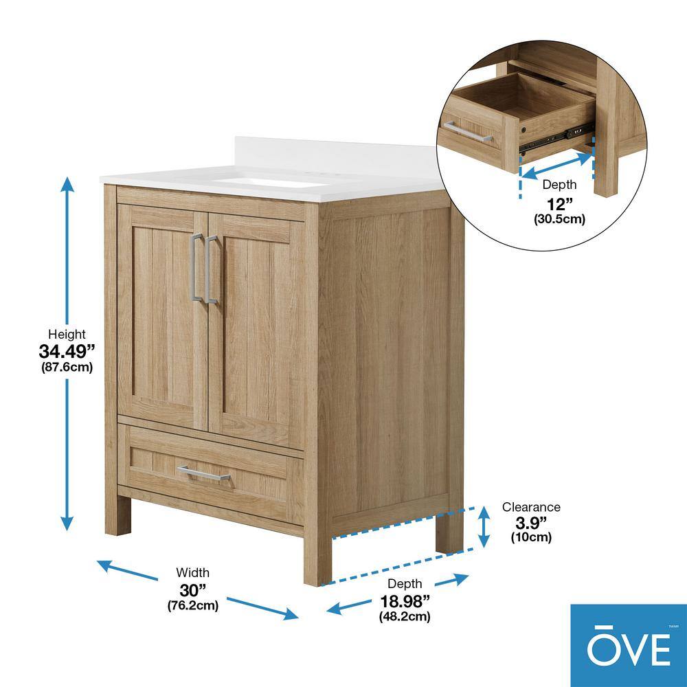 OVE Decors Kansas 30 in.W Bath Vanity in White Oak with Engineered Stone Vanity Top in White 15VVA-KANS30-12