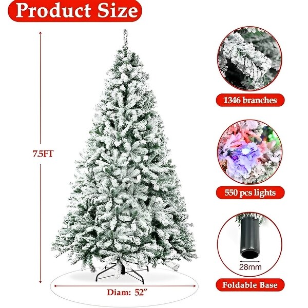 7.5ft SnowFlocked Artificial Pine Christmas Tree with DualColor 550 LED Lights，1500 Branch Tips and EasyAssembly Metal Base