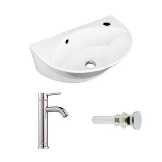 RENOVATORS SUPPLY MANUFACTURING 17 in. W Small Wall Mounted Oval Gloss Porcelain Vessel Bathroom Sink in White with Overflow Faucet and Drain 91667