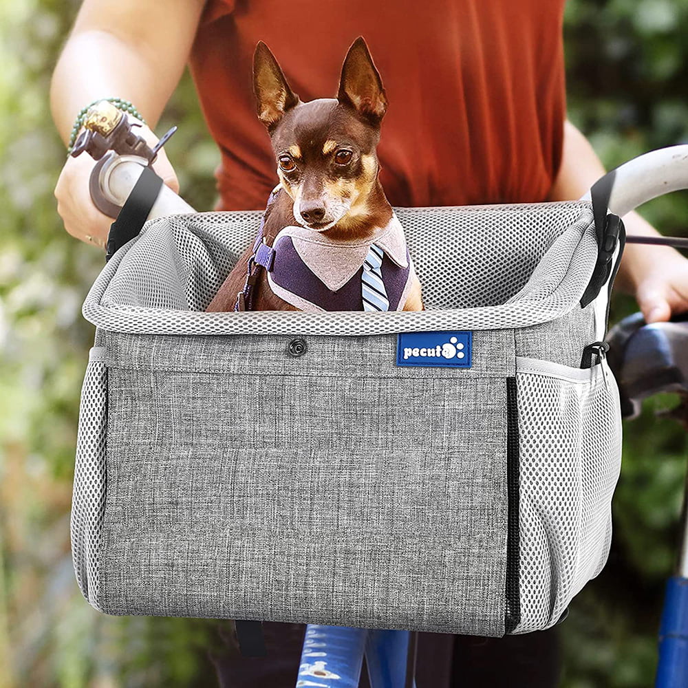 Dog bike basket， dog booster seat， pet booster seat with 2 large side pockets， comfortable padded shoulder strap， breathable pet carrier， for traveling with your pet (11X10X9In).