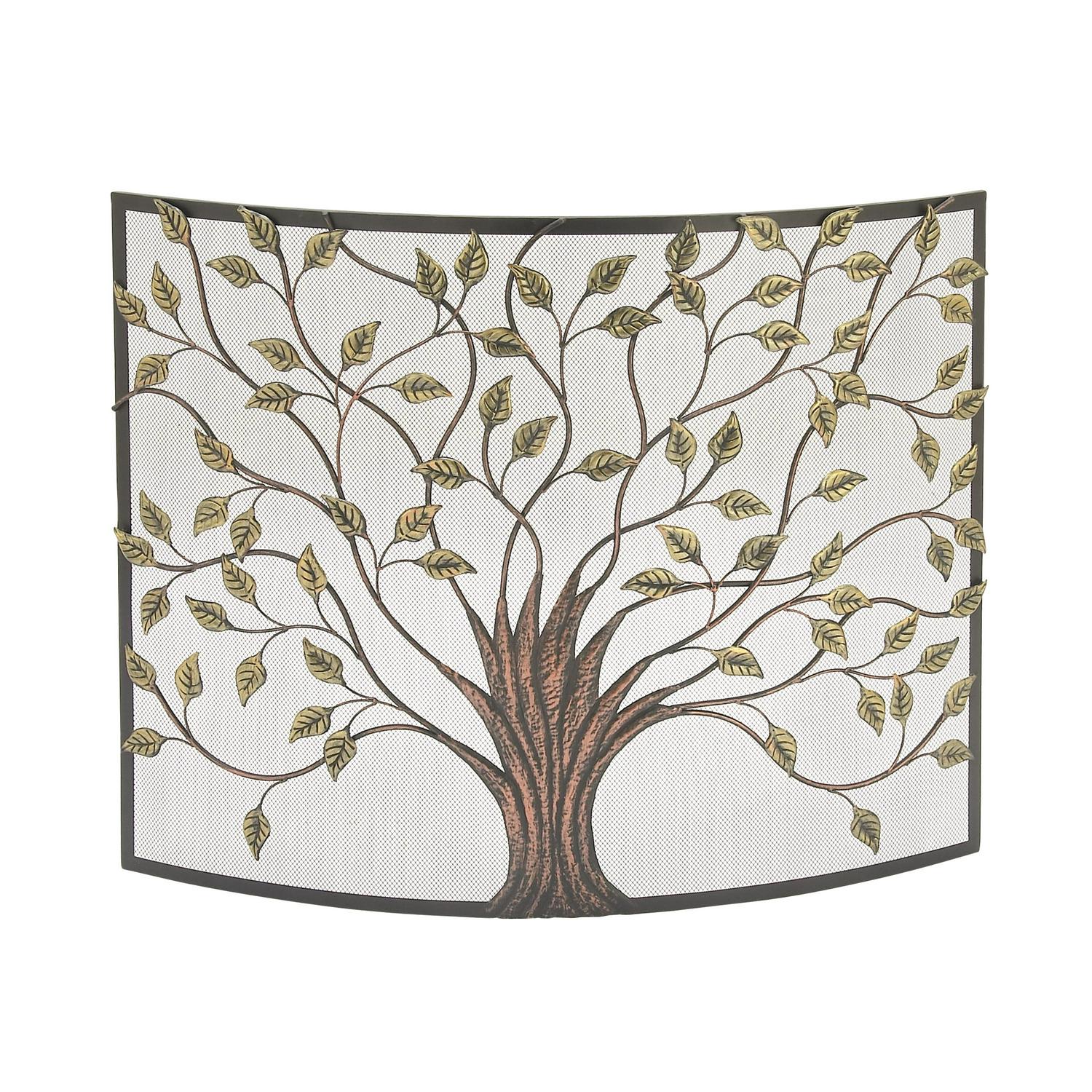 Dec Mode Farmhouse Metal Fireplace Screen with Brown and Green Tree Detail， 39 W x 33 H， Black Frame