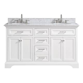 Home Decorators Collection Windlowe 61 in. W x 22 in. D x 35 in. H Freestanding Bath Vanity in White with Carrara White Marble Marble Top 15101-VS61C-WT