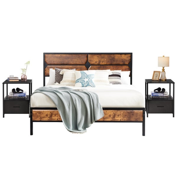 Taomika Industrial 3-pieces Bed with Wood Headboard and Square Nightstands Set - - 35162736