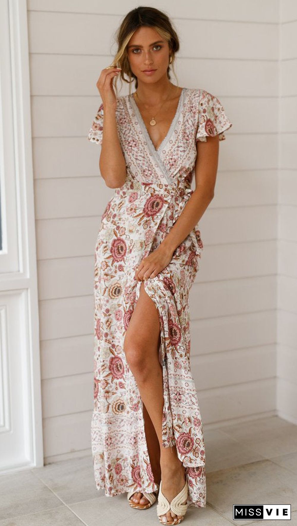 Floral V-Neck Short Sleeve Maxi Dress