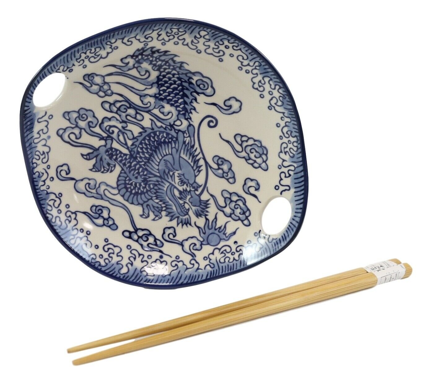 1 Blue Feng Shui Dragon Small Appetizer Coupe Plate Flat Bowl With Chopsticks Set EBR02