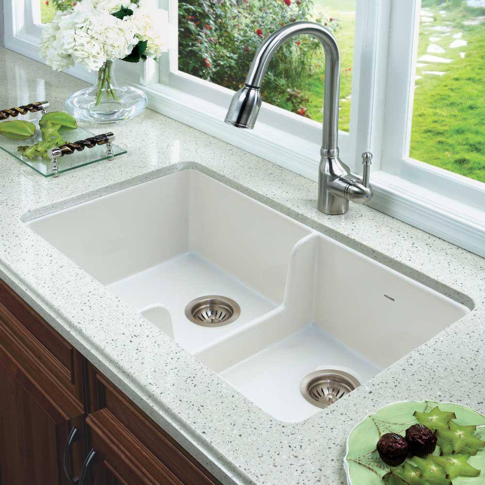 HOUZER Platus Undermount Fireclay 32 in. 5050 Double Bowl Kitchen Sink in White with Low Divide PTD-6400 WH