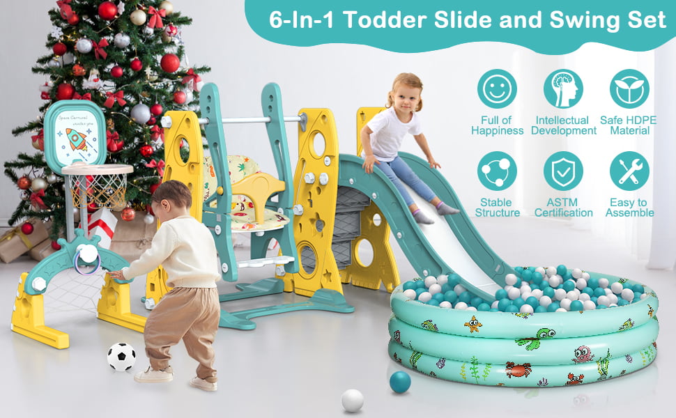 GIKPAL 6 in 1 Toddler Slide and Swing Set， Climber Slide Playset with Basketball Hoop Long Slide and Ball Pool for Kids Indoor Outdoor