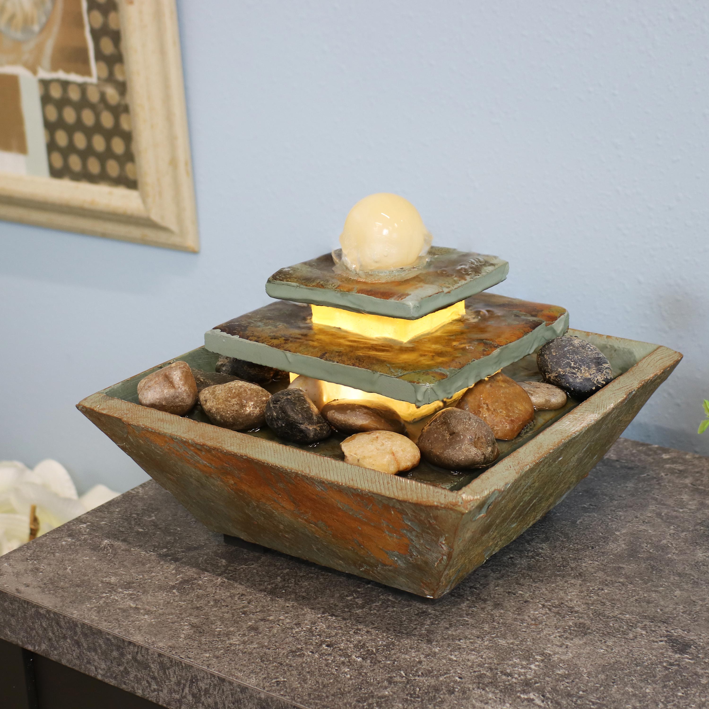 Sunnydaze Indoor Home Office Slate and Polished Stone Ball Tiered Tabletop Water Fountain with LED Light - 8