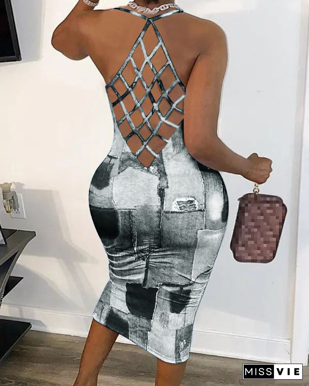 Trendy Sleeveless Denim Print Mesh Dress