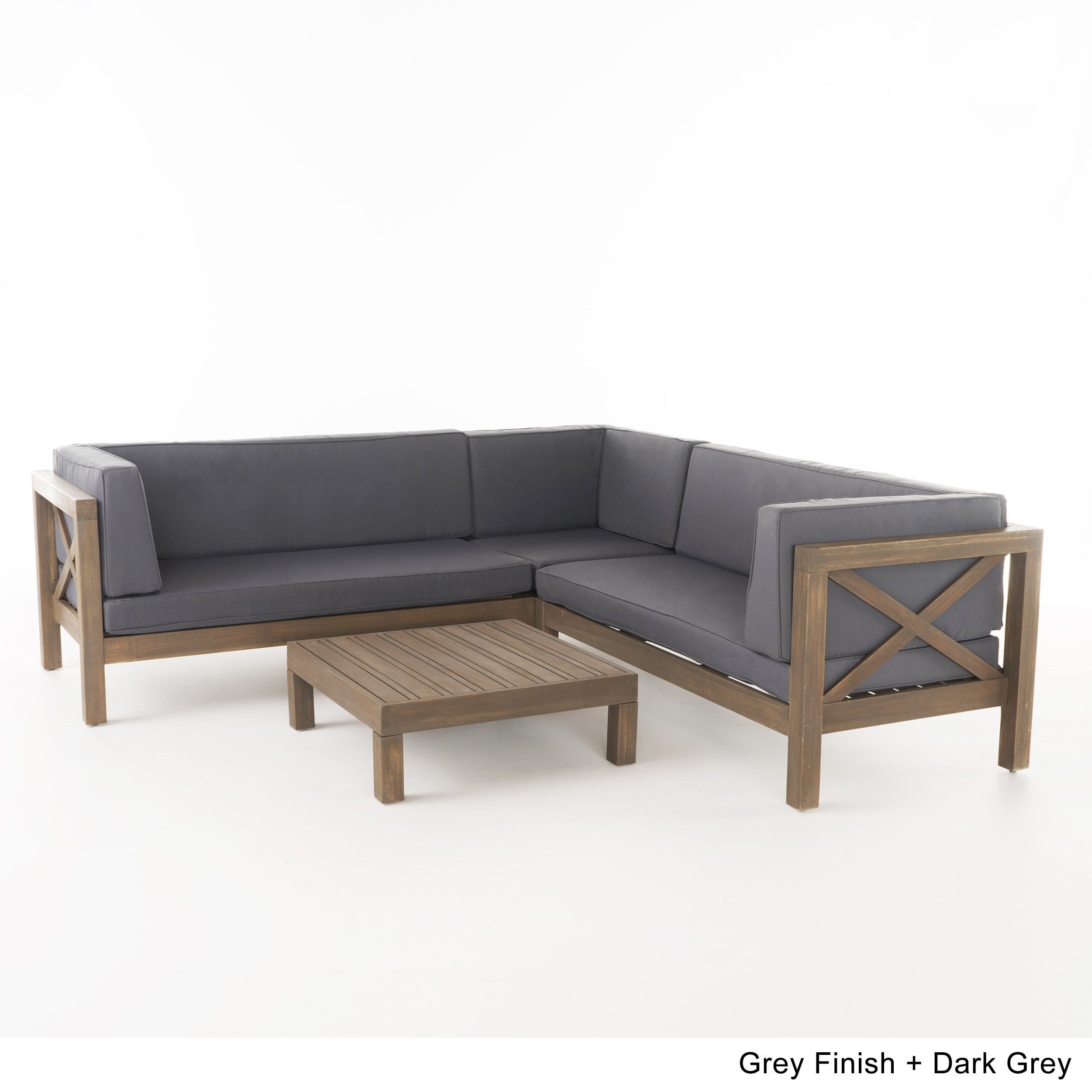 Brava Outdoor 4 Piece V-Shaped Acacia Wood Sectional Sofa and Coffee Table Set