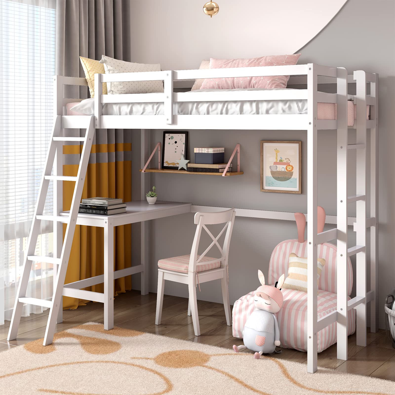 Loft Bed with Desk, Wooden Twin Size Loft Bed