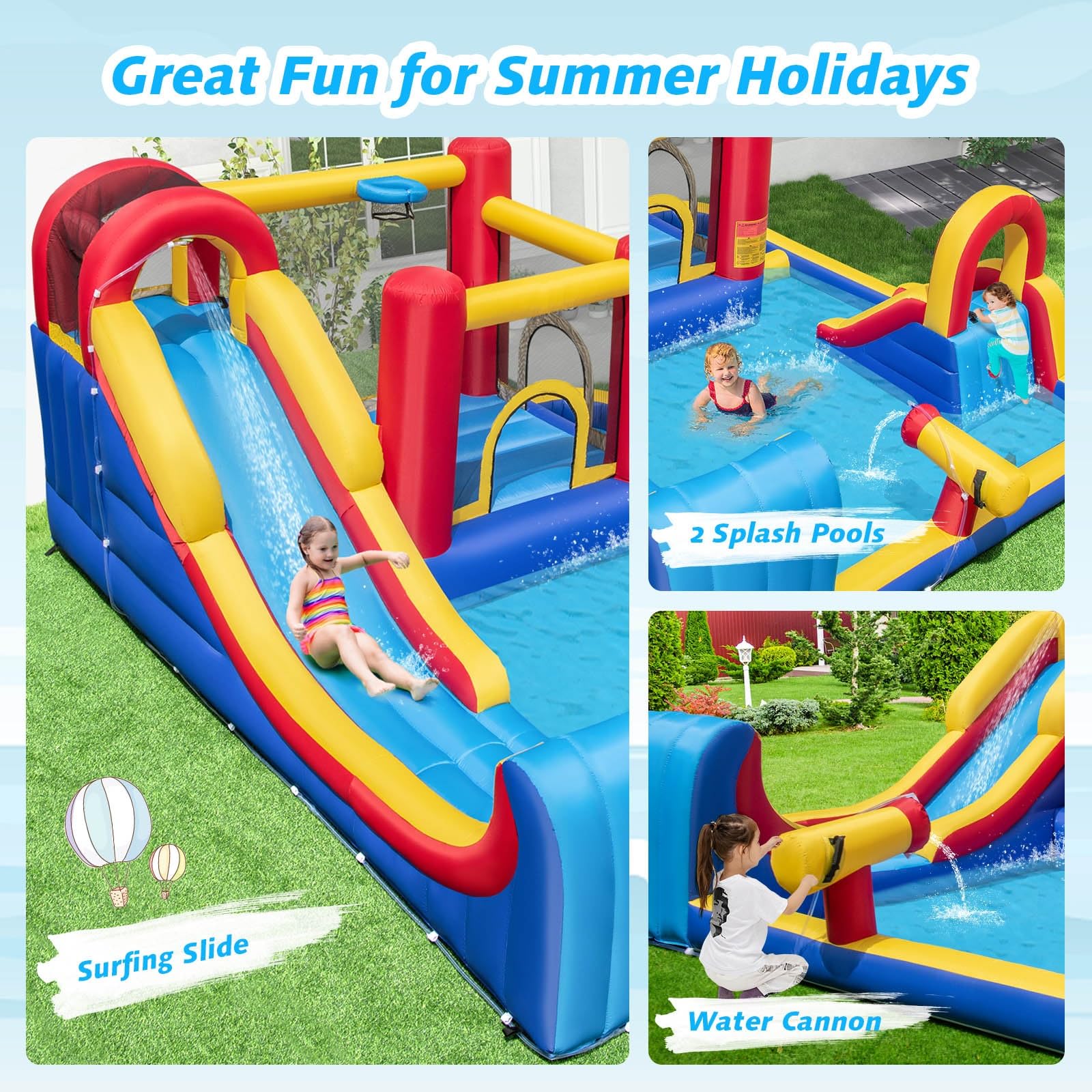 BOUNTECH Inflatable Water Slide, 7 in 1 Mega Waterslide Park Bounce House for Outdoor Fun w/Long Slide