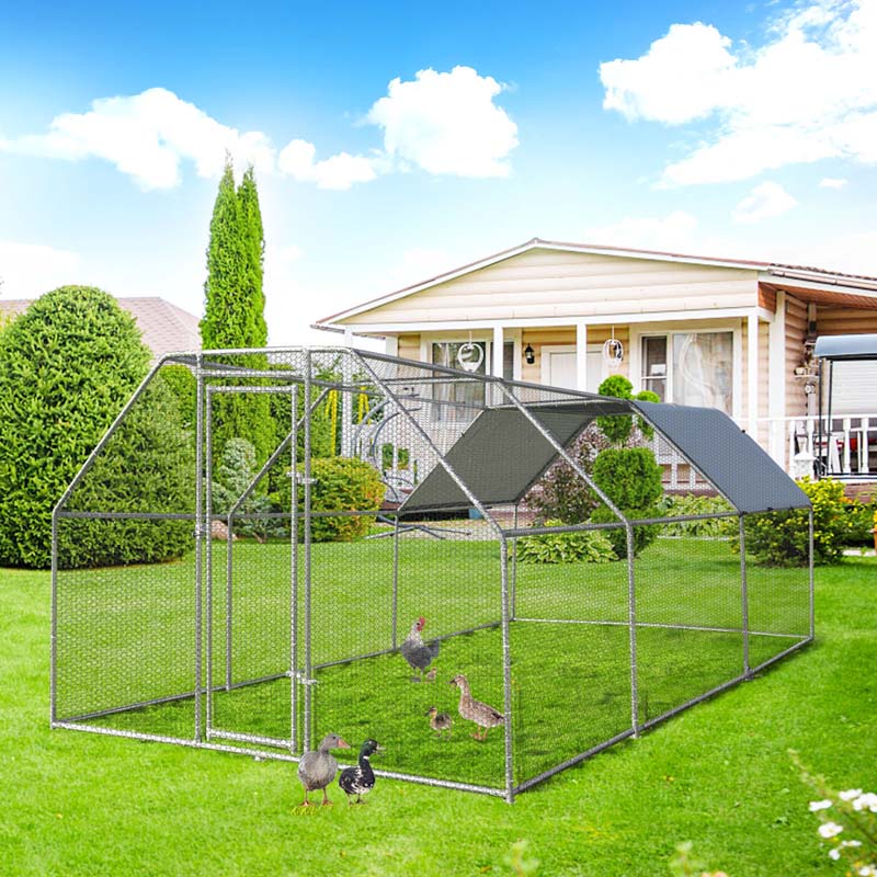 9.5' x 19' x 6.5' Galvanized Metal Large Walk-in Chicken Coop Cage Runs Hen House with Cover & Lockable Door