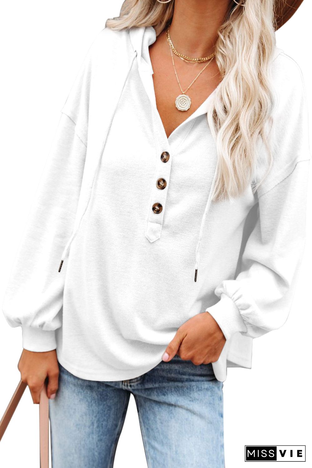 White Buttoned High and Low Hem Hoodie