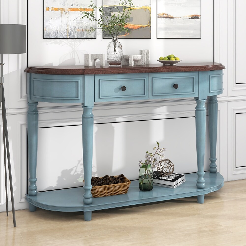 Semi Circle Curved Design Console Table with Open Style Solid Wood Frame   2 Drawers for Living Room