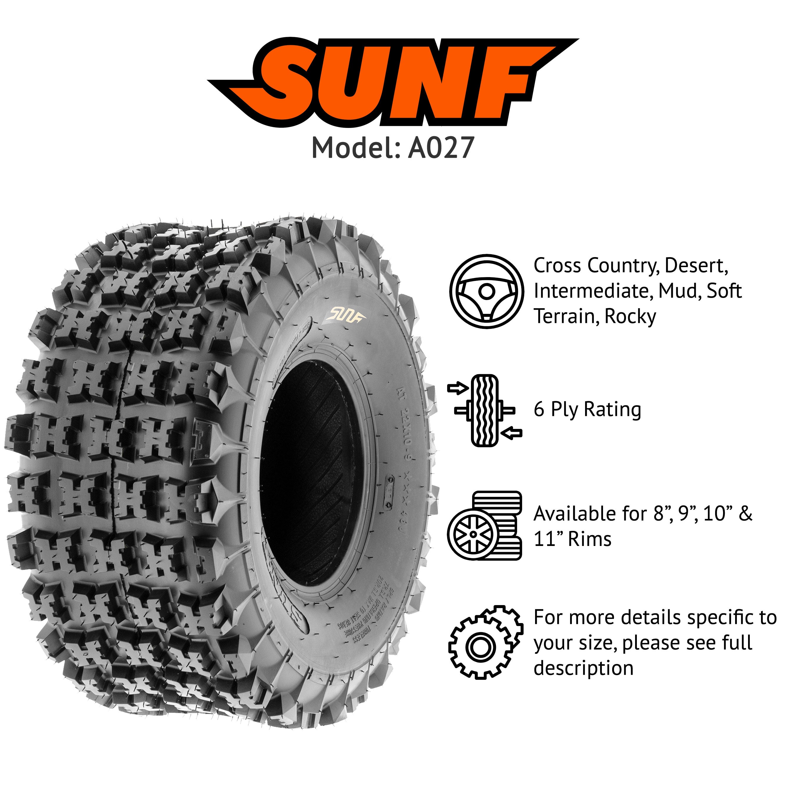 SunF All Trail ATV UTV Tires 22x11-9  6 PR A027 (Single)