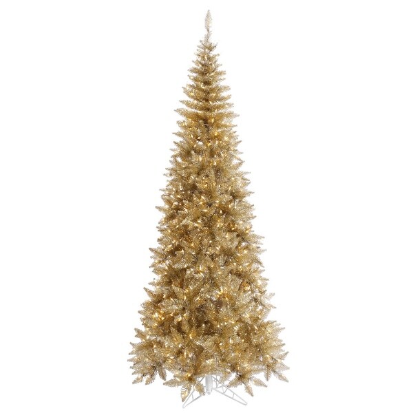 Vickerman 9' Champagne Tinsel Fir Slim Artificial Christmas Tree，Warm White Duralit LED Lights