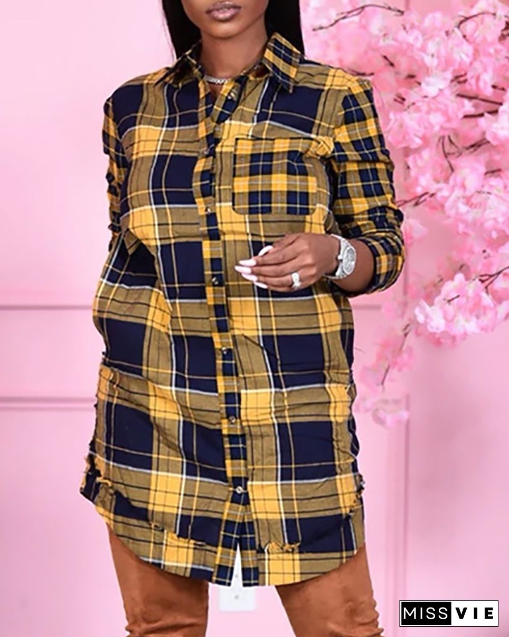 Button Pocket Design Plaid Print Shirt Dress