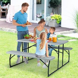 Gymax Metal Outdoor Folding Picnic Table and Bench Set for Camping BBQ with Steel Frame Grey GYM09691