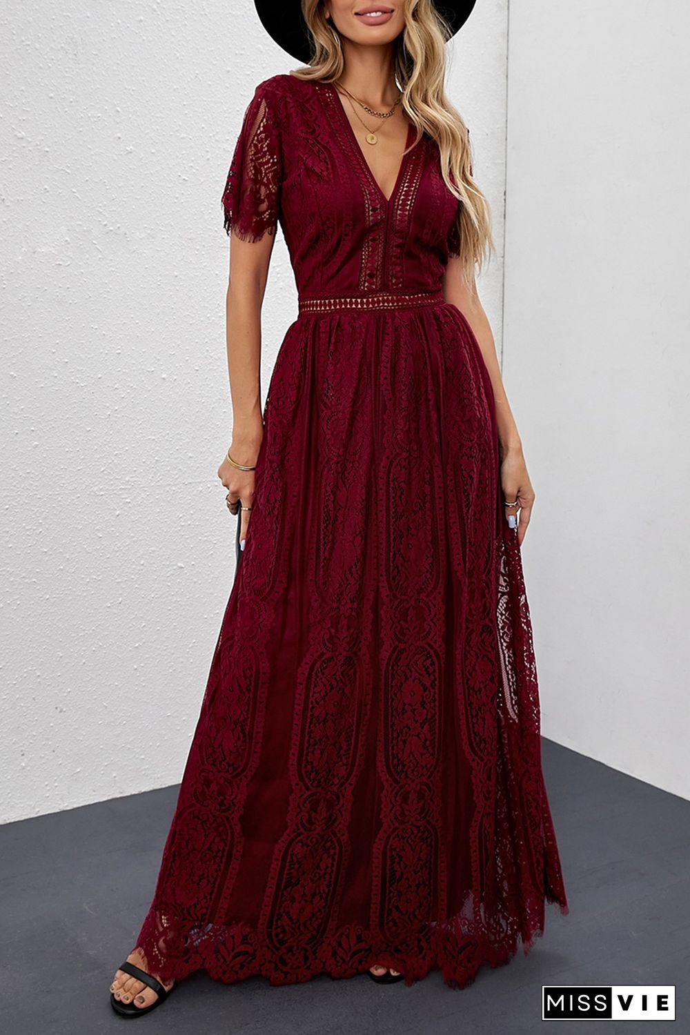 Burgundy Deep V Neck Short Sleeve Lace Maxi Dress