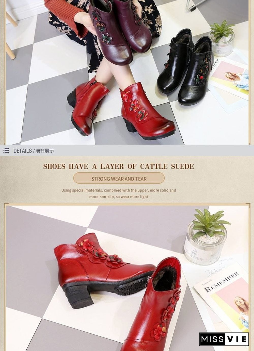 Cow Genuine Leather Winter Boots Soft Flower Comfortable Warm Spare Heel Ankle Boots