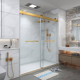 MCOCOD 60 in. W x 72 in. H Double Sliding Frameless Shower Door in Brushed Gold with Soft-Closing and 38 in. (10 mm) Glass DS13-60x72-BG