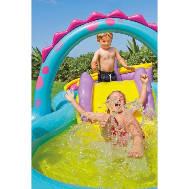 Intex 11ft X 7 5ft X 44in Dinoland Inflatable Kiddie Swimming Pool With Slide Dino Arch Water Sprayer And Games For Ages 2