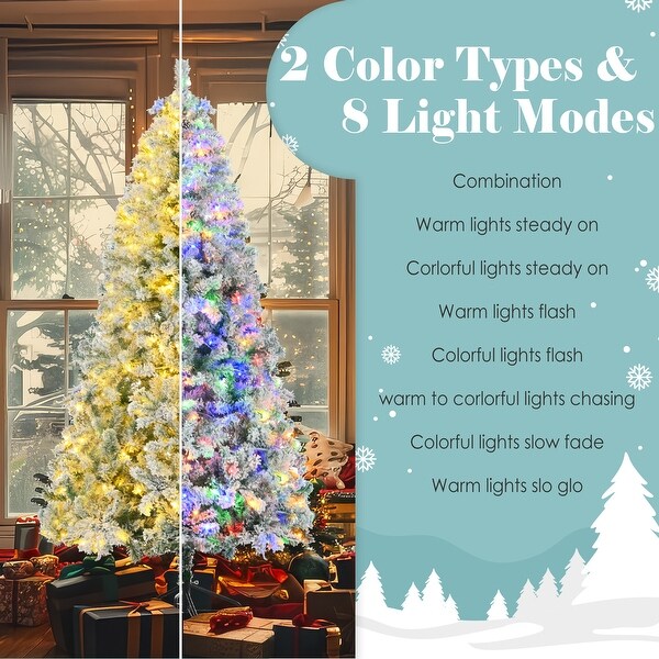 6FT PreLit Flocked Christmas Tree Set，Xmas Tree，Garland and Wreath，Artificial Hinged Xmas Tree with Colorful LED Lights