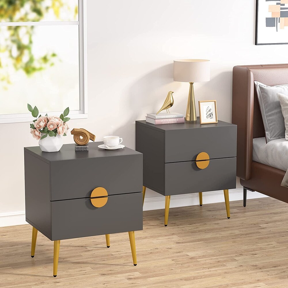 Dark Grey Wood Modern Nightstand with 2 Drawers  White/ Gold Mid century Contemporary Bedside Table with Storage