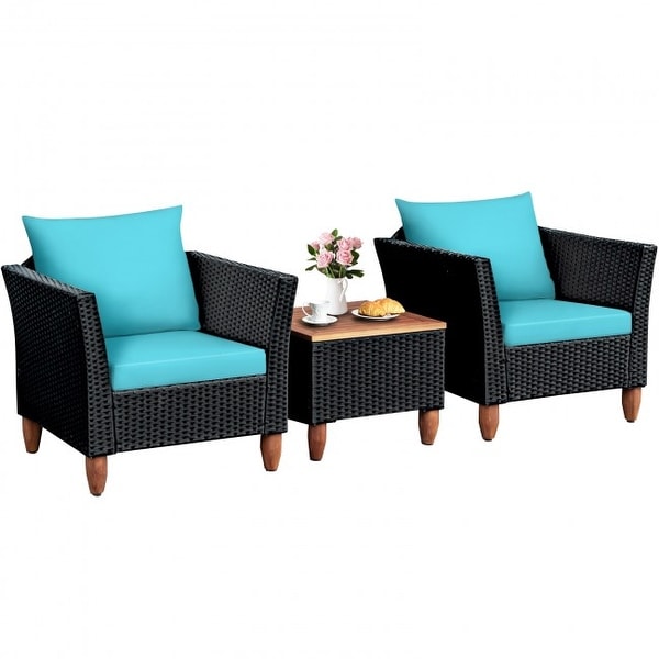 3 Pcs Outdoor Patio Rattan Furniture Set Wooden Table Top Cushioned Sofa