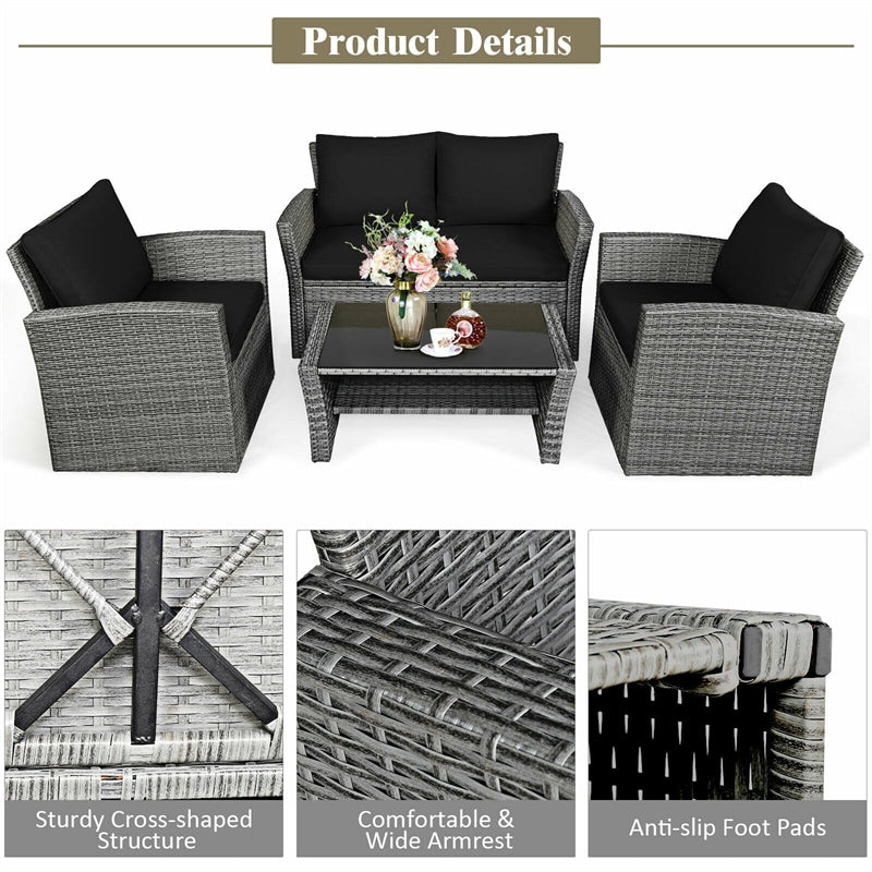 4 Pcs Rattan Patio Sectional Furniture Set with Storage Shelf Table, Cushioned Outdoor Wicker Conversation Sofa Set