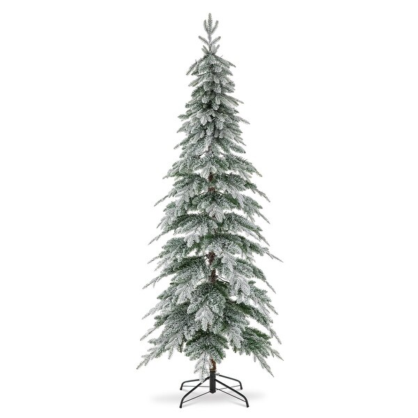 Glitzhome PreLit Flocked Pencil Spruce Artificial Christmas Tree with Warm White Lights